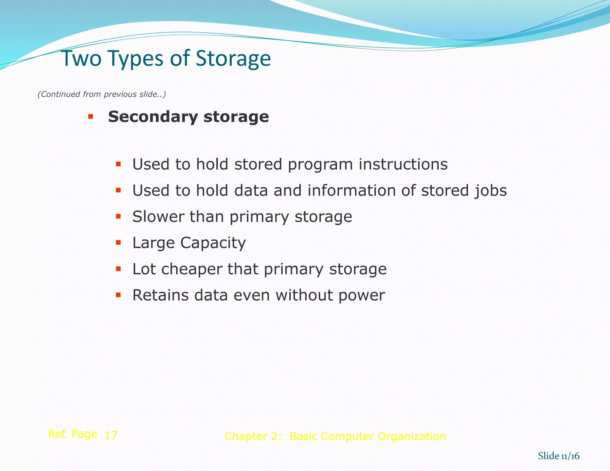  Secondary storage
 Used to hold stored program instructions
 Used to hold data and information of stored jobs
 Slower than primary storage
 Large Capacity
 Lot cheaper that primary storage
 Retains data even without power
Ref. Page 17
Two Types of Storage
Slide 11/16
Chapter 2: Basic Computer Organization
(Continued from previous slide..)
 