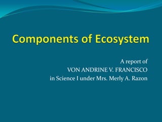Components of Ecosystem A report of  VON ANDRINE V. FRANCISCO  in Science I under Mrs. Merly A. Razon 