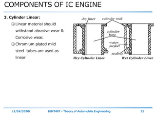 COMPONENTS OF IC ENGINE
11/24/2020i 16MT407 - Theory of Automobile Engineering 21
3. Cylinder Linear:
 Linear material should
withstand abrasive wear &
Corrosive wear.
 Chromium plated mild
steel tubes are used as
linear
 