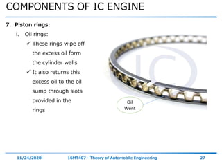 COMPONENTS OF IC ENGINE
11/24/2020i 16MT407 - Theory of Automobile Engineering 27
7. Piston rings:
i. Oil rings:
 These rings wipe off
the excess oil form
the cylinder walls
 It also returns this
excess oil to the oil
sump through slots
provided in the
rings
Oil
Went
 