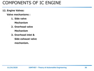 COMPONENTS OF IC ENGINE
11/24/2020 16MT407 - Theory of Automobile Engineering 36
12. Engine Valves:
Valve mechanisms :
1. Side valve
Mechanism
2. Overhead valve
Mechanism
3. Overhead inlet &
Side exhaust valve
mechanism.
 