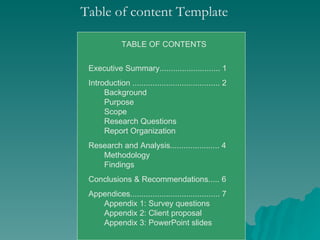 TABLE OF CONTENTS Executive Summary........................... 1 Introduction ....................................... 2   Background   Purpose   Scope   Research Questions   Report Organization Research and Analysis...................... 4   Methodology   Findings Conclusions & Recommendations..... 6 Appendices........................................ 7   Appendix 1: Survey questions   Appendix 2: Client proposal   Appendix 3: PowerPoint slides Table of content Template  