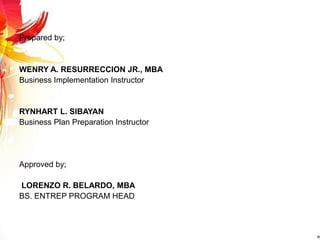 Prepared by;
WENRY A. RESURRECCION JR., MBA
Business Implementation Instructor
RYNHART L. SIBAYAN
Business Plan Preparation Instructor
Approved by;
LORENZO R. BELARDO, MBA
BS. ENTREP PROGRAM HEAD
 