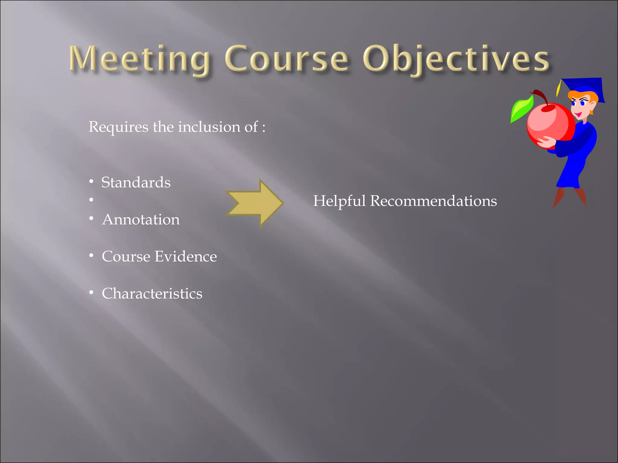 Requires the inclusion of :
• Standards
• Helpful Recommendations
• Annotation
• Course Evidence
• Characteristics
 