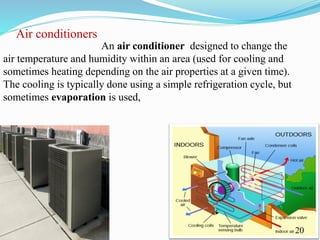 Air conditioners
An air conditioner designed to change the
air temperature and humidity within an area (used for cooling and
sometimes heating depending on the air properties at a given time).
The cooling is typically done using a simple refrigeration cycle, but
sometimes evaporation is used,
20
 