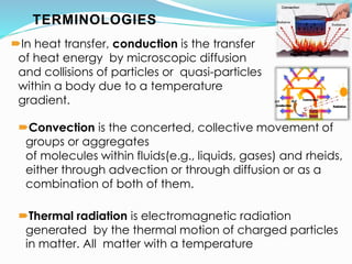 02
TERMINOLOGIES
In heat transfer, conduction is the transfer
of heat energy by microscopic diffusion
and collisions of particles or quasi-particles
within a body due to a temperature
gradient.hermal radiation.
Convection is the concerted, collective movement of
groups or aggregates
of molecules within fluids(e.g., liquids, gases) and rheids,
either through advection or through diffusion or as a
combination of both of them.
Thermal radiation is electromagnetic radiation
generated by the thermal motion of charged particles
in matter. All matter with a temperature greater
 