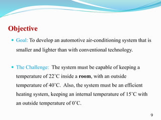 Objective
 Goal: To develop an automotive air-conditioning system that is
smaller and lighter than with conventional technology.
 The Challenge: The system must be capable of keeping a
temperature of 22˚C inside a room, with an outside
temperature of 40˚C. Also, the system must be an efficient
heating system, keeping an internal temperature of 15˚C with
an outside temperature of 0˚C.
9
 
