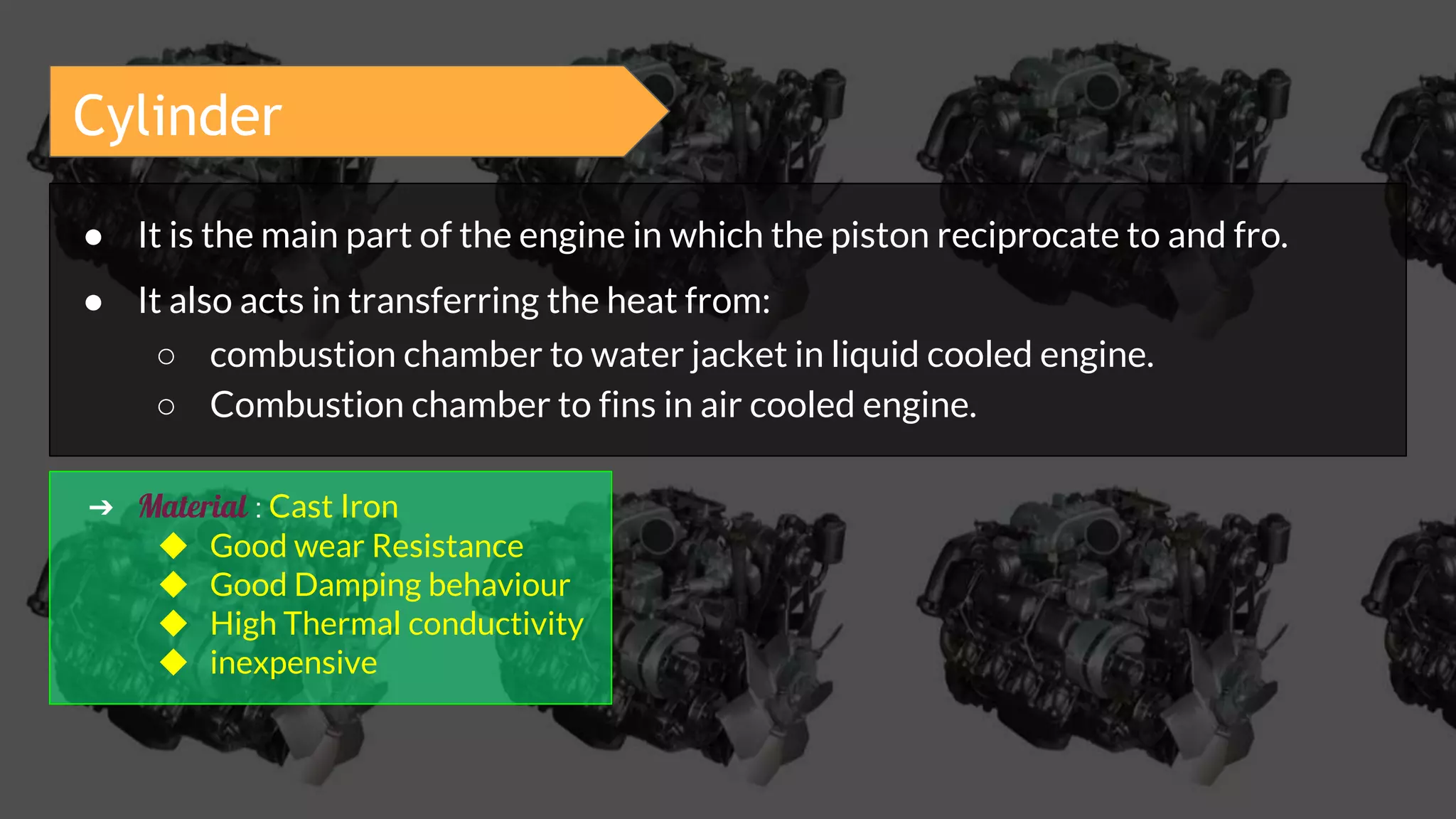Cylinder
● It is the main part of the engine in which the piston reciprocate to and fro.
● It also acts in transferring the heat from:
○ combustion chamber to water jacket in liquid cooled engine.
○ Combustion chamber to fins in air cooled engine.
➔ Material : Cast Iron
◆ Good wear Resistance
◆ Good Damping behaviour
◆ High Thermal conductivity
◆ inexpensive
 
