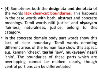 • (4) Sometimes both the designata and denotata of
the words lack clear-cut boundaries. This happens
in the case words with both, abstract and concrete
meanings. Tamil words niiti justice' and niyaayam
'fairness, naturalness, justice, belong to this
category.
• In the concrete domain body part words show this
lack of clear boundary. Tamil words denoting
different areas of the human face show this aspect.
e.g. kannan 'cheek', taaTai 'jaw', mukavaay/ naaTi
'chin'. The boundaries of these parts which are
overlapping cannot be marked clearly, though
central portions can be differentiated
 