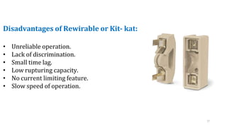 Disadvantages of Rewirable or Kit- kat:
• Unreliable operation.
• Lack of discrimination.
• Small time lag.
• Low rupturing capacity.
• No current limiting feature.
• Slow speed of operation.
17
 