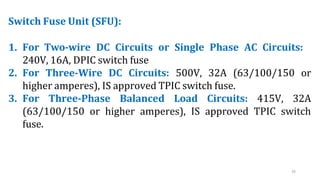 26
Switch Fuse Unit (SFU):
1. For Two-wire DC Circuits or Single Phase AC Circuits:
240V, 16A, DPIC switch fuse
2. For Three-Wire DC Circuits: 500V, 32A (63/100/150 or
higher amperes), IS approved TPIC switch fuse.
3. For Three-Phase Balanced Load Circuits: 415V, 32A
(63/100/150 or higher amperes), IS approved TPIC switch
fuse.
 