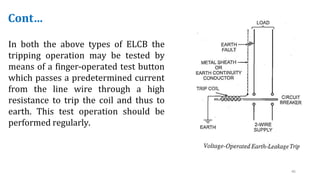 Cont…
In both the above types of ELCB the
tripping operation may be tested by
means of a finger-operated test button
which passes a predetermined current
from the line wire through a high
resistance to trip the coil and thus to
earth. This test operation should be
performed regularly.
46
 