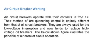 Air Circuit Breaker Working
Air circuit breakers operate with their contacts in free air.
Their method of arc quenching control is entirely different
from that of oil circuit-breakers. They are always used for the
low-voltage interruption and now tends to replace high-
voltage oil breakers. The below-shown figure illustrates the
principle of air breaker circuit operation.
 