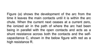 Figure (a) shows the development of the arc from the
time it leaves the main contacts until it is within the arc
chute. When the current next ceases at a current zero,
the ionized air in the path of where the arc had been
being in parallel with the open contacts and acts as a
shunt resistance across both the contacts and the self-
capacitance C, shown in the below figure with red as a
high resistance R.
 