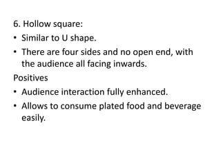 6. Hollow square:
• Similar to U shape.
• There are four sides and no open end, with
the audience all facing inwards.
Positives
• Audience interaction fully enhanced.
• Allows to consume plated food and beverage
easily.
 