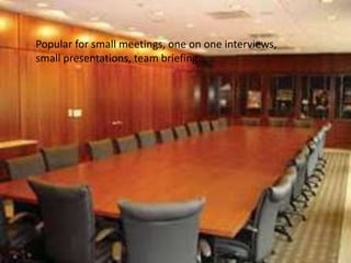 Popular for small meetings, one on one interviews,
small presentations, team briefing.
 