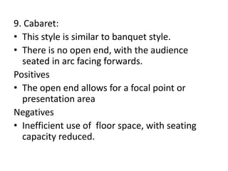 9. Cabaret:
• This style is similar to banquet style.
• There is no open end, with the audience
seated in arc facing forwards.
Positives
• The open end allows for a focal point or
presentation area
Negatives
• Inefficient use of floor space, with seating
capacity reduced.
 