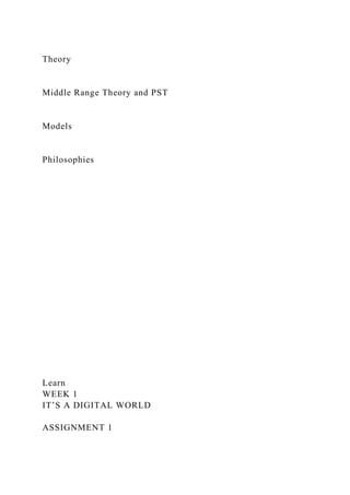 Theory
Middle Range Theory and PST
Models
Philosophies
Learn
WEEK 1
IT’S A DIGITAL WORLD
ASSIGNMENT 1
 