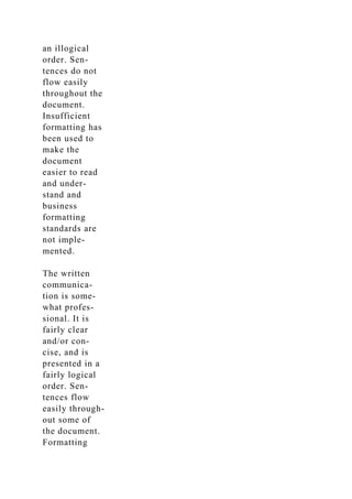 an illogical
order. Sen-
tences do not
flow easily
throughout the
document.
Insufficient
formatting has
been used to
make the
document
easier to read
and under-
stand and
business
formatting
standards are
not imple-
mented.
The written
communica-
tion is some-
what profes-
sional. It is
fairly clear
and/or con-
cise, and is
presented in a
fairly logical
order. Sen-
tences flow
easily through-
out some of
the document.
Formatting
 