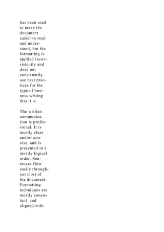 has been used
to make the
document
easier to read
and under-
stand, but the
formatting is
applied incon-
sistently and
does not
consistently
use best prac-
tices for the
type of busi-
ness writing
that it is.
The written
communica-
tion is profes-
sional. It is
mostly clear
and/or con-
cise, and is
presented in a
mostly logical
order. Sen-
tences flow
easily through-
out most of
the document.
Formatting
techniques are
mostly consis-
tent and
aligned with
 