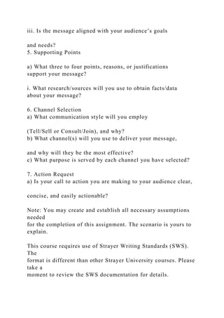iii. Is the message aligned with your audience’s goals
and needs?
5. Supporting Points
a) What three to four points, reasons, or justifications
support your message?
i. What research/sources will you use to obtain facts/data
about your message?
6. Channel Selection
a) What communication style will you employ
(Tell/Sell or Consult/Join), and why?
b) What channel(s) will you use to deliver your message,
and why will they be the most effective?
c) What purpose is served by each channel you have selected?
7. Action Request
a) Is your call to action you are making to your audience clear,
concise, and easily actionable?
Note: You may create and establish all necessary assumptions
needed
for the completion of this assignment. The scenario is yours to
explain.
This course requires use of Strayer Writing Standards (SWS).
The
format is different than other Strayer University courses. Please
take a
moment to review the SWS documentation for details.
 
