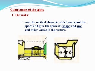 • Are the vertical elements which surround the
space and give the space its shape and size
and other variable characters.
Components of the space
1. The walls:
 