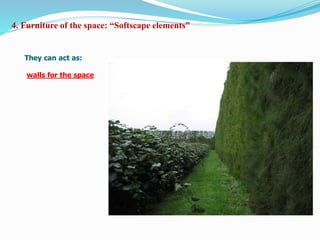 4. Furniture of the space: “Softscape elements”
They can act as:
walls for the space
 