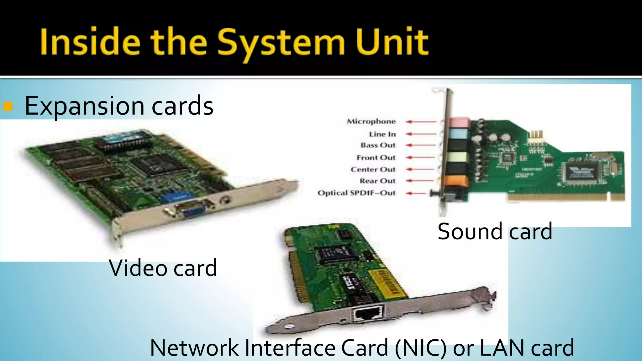 Network Interface Card (NIC) or LAN card
Video card
Sound card
 Expansion cards
 