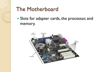 The Motherboard
 Slots for adapter cards, the processor, and
memory.
 