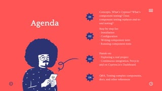 01
02
03
Agenda
Concepts. What's Cypress? What's
component testing? Does
component testing replaces end-to-
end testing?
Step-by-step for:
- Installation
- Configuration
- Writing component tests
- Running component tests
Hands-on:
- Exploring a real project
- Continuous integration, Percy.io
and on Cypress.io's Dashboard
04
Q&A, Testing complex components,
docs, and other references
 