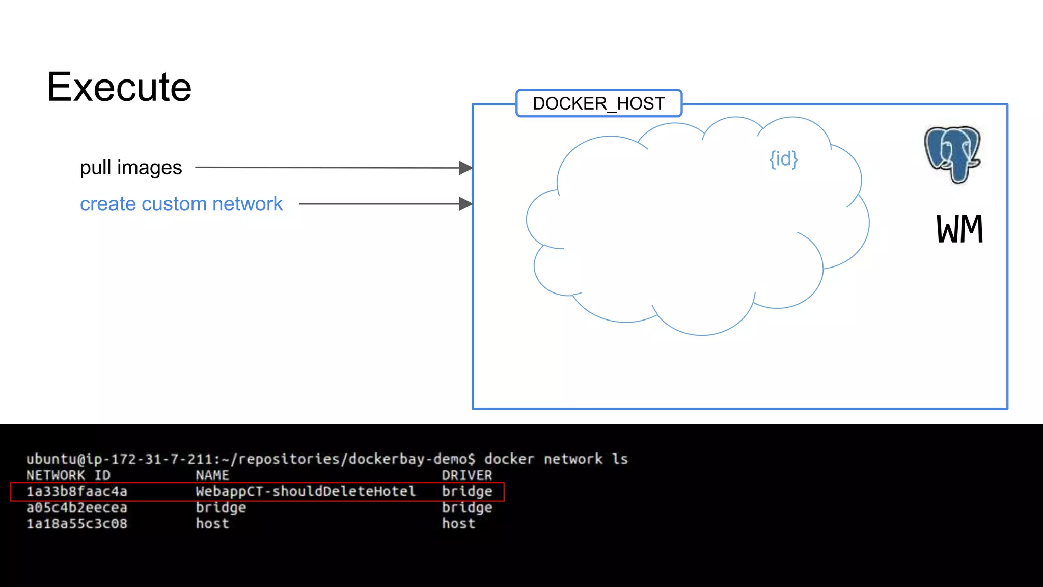 Execute
pull images
create custom network
DOCKER_HOST
WM
{id}
 