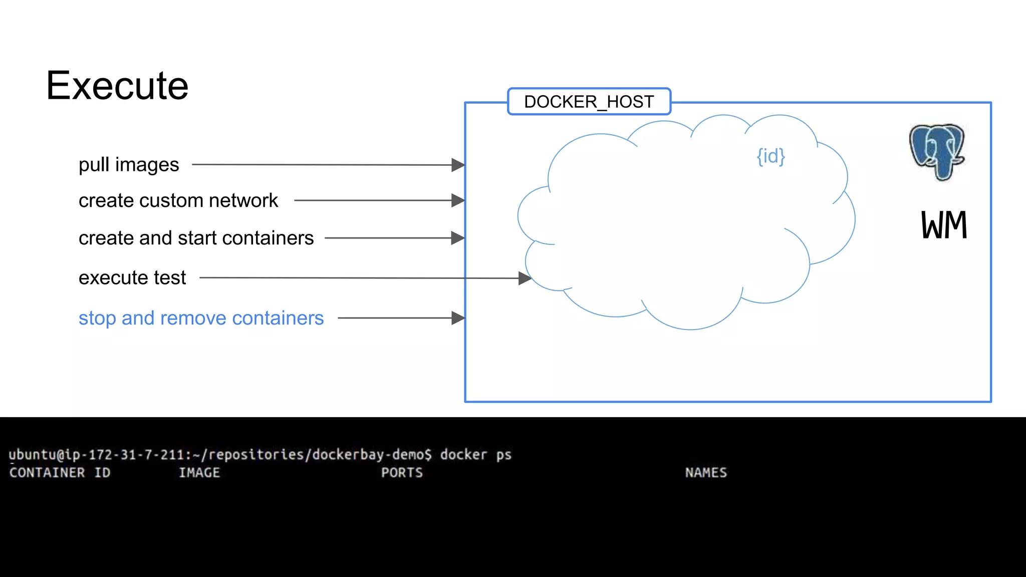 Execute
pull images
create custom network
create and start containers
stop and remove containers
execute test
DOCKER_HOST
WM
{id}
 