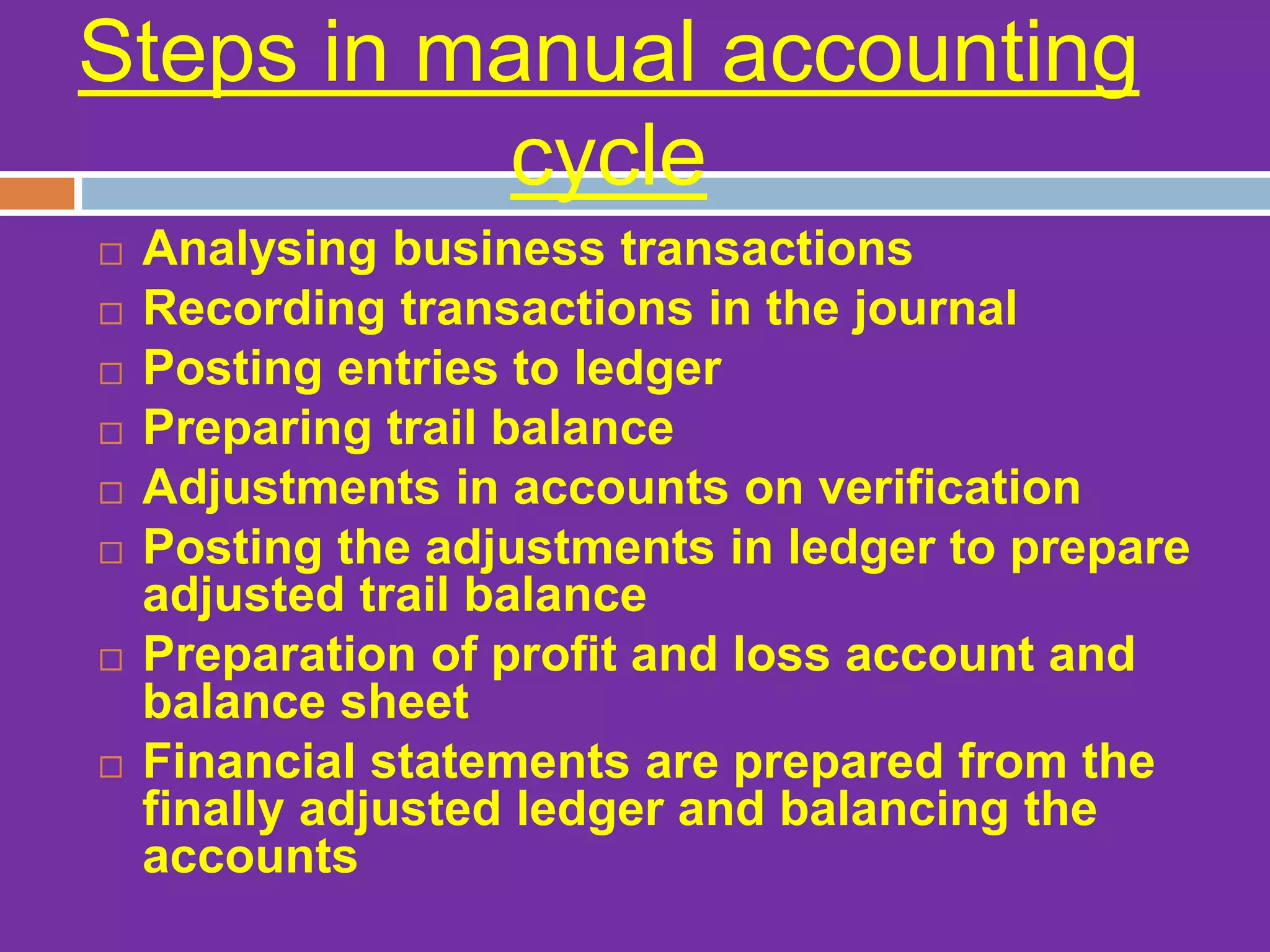 Steps in manual accounting
cycle
 Analysing business transactions
 Recording transactions in the journal
 Posting entries to ledger
 Preparing trail balance
 Adjustments in accounts on verification
 Posting the adjustments in ledger to prepare
adjusted trail balance
 Preparation of profit and loss account and
balance sheet
 Financial statements are prepared from the
finally adjusted ledger and balancing the
accounts
 