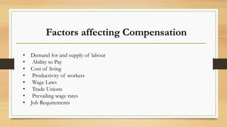 Factors affecting Compensation
• Demand for and supply of labour
• Ability to Pay
• Cost of living
• Productivity of workers
• Wage Laws
• Trade Unions
• Prevailing wage rates
• Job Requirements
 