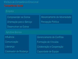 Moldura de Competência Emocional
Competência Social

 Empatia

  Compreender os Outros            Alavancamento da Adversidade
  Orientação para o Serviço        Percepção Política
  Desenvolver os Outros

 Aptidões Sociais
Influência                    Gerenciamento de Conflitos
Comunicação                   Formação de Vínculos
Liderança                     Colaboração e Cooperação
Catalisador de Mudança        Capacidade de Equipe
 
