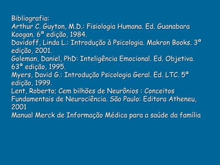 Bibliografia:
Arthur C. Guyton, M.D.: Fisiologia Humana. Ed. Guanabara
Koogan. 6ª edição, 1984.
Davidoff, Linda L.: Introdução à Psicologia. Makron Books. 3ª
edição, 2001.
Goleman, Daniel, PhD: Inteligência Emocional. Ed. Objetiva.
63ª edição, 1995.
Myers, David G.: Introdução Psicologia Geral. Ed. LTC. 5ª
edição, 1999.
Lent, Roberto; Cem bilhões de Neurônios : Conceitos
Fundamentais de Neurociência. São Paulo: Editora Atheneu,
2001
Manual Merck de Informação Médica para a saúde da família
 