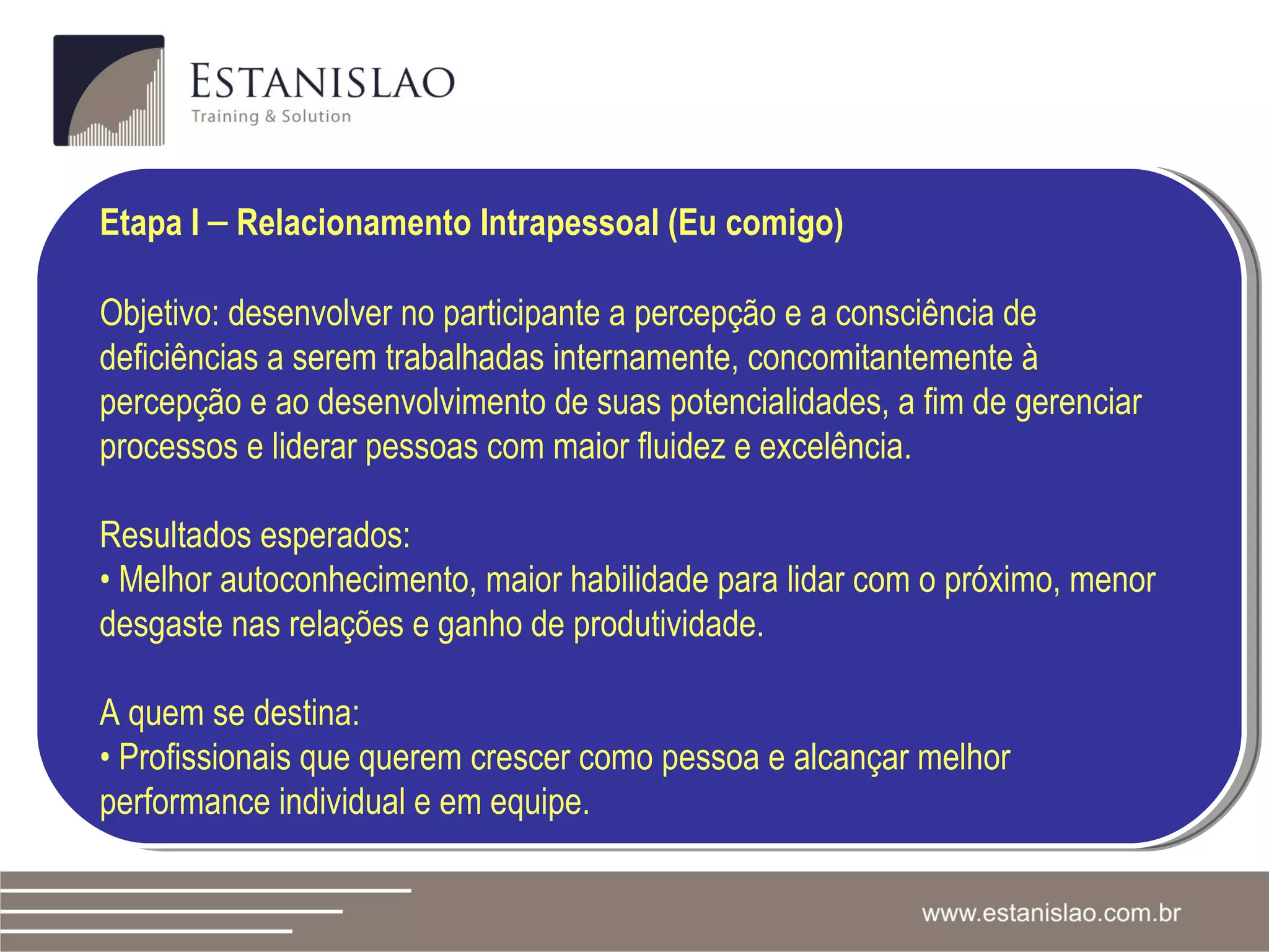 Etapa I  –  Relacionamento Intrapessoal (Eu comigo) Objetivo: desenvolver no participante a percepção e a consciência de deficiências a serem trabalhadas internamente, concomitantemente à percepção e ao desenvolvimento de suas potencialidades, a fim de gerenciar processos e liderar pessoas com maior fluidez e excelência.  Resultados esperados: •  Melhor autoconhecimento, maior habilidade para lidar com o próximo, menor desgaste nas relações e ganho de produtividade.  A quem se destina:  •   Profissionais que querem crescer como pessoa e alcançar melhor performance individual e em equipe.   