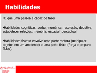 Habilidades O que uma pessoa é capaz de fazer Habilidades cognitivas: verbal, numérica, resolução, dedutiva, estabelecer relações, memória, espacial, perceptual  Habilidades físicas: envolve uma parte motora (manipular objetos em um ambiente) e uma parte física (força e preparo físico). 