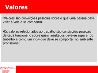 Valores Valores são convicções pessoais sobre o que uma pessoa deve viver a vida e se comportar.  Os valores relacionados ao trabalho são convicções pessoais de cada funcionário sobre quais resultados deve-se esperar do trabalho e como um indivíduo deve se comportar no ambiente profissional. 