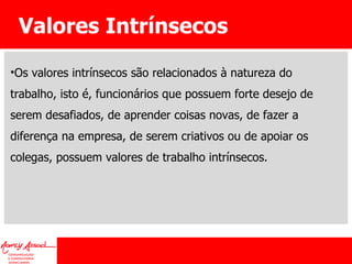Valores Intrínsecos Os valores intrínsecos são relacionados à natureza do trabalho, isto é, funcionários que possuem forte desejo de serem desafiados, de aprender coisas novas, de fazer a diferença na empresa, de serem criativos ou de apoiar os colegas, possuem valores de trabalho intrínsecos. 