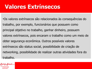 Valores Extrínsecos Os valores extrínsecos são relacionados às consequências do trabalho, por exemplo, funcionários que possuem como principal objetivo no trabalho, ganhar dinheiro, possuem valores extrínsecos, pois encaram o trabalho como um meio de obter segurança econômica. Outros possíveis valores extrínsecos são status social, possibilidade de criação de networking, possibilidade de realizar outras atividades fora do trabalho. 