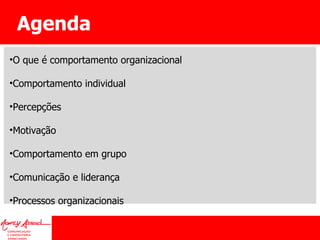 Agenda O que é comportamento organizacional Comportamento individual Percepções Motivação Comportamento em grupo Comunicação e liderança Processos organizacionais 