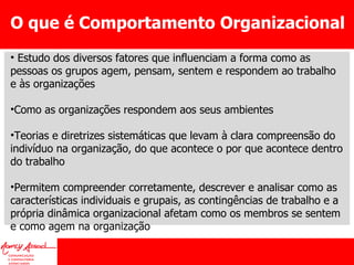 O que é Comportamento Organizacional Estudo dos diversos fatores que influenciam a forma como as pessoas os grupos agem, pensam, sentem e respondem ao trabalho e às organizações Como as organizações respondem aos seus ambientes Teorias e diretrizes sistemáticas que levam à clara compreensão do indivíduo na organização, do que acontece o por que acontece dentro do trabalho Permitem compreender corretamente, descrever e analisar como as características individuais e grupais, as contingências de trabalho e a própria dinâmica organizacional afetam como os membros se sentem e como agem na organização 