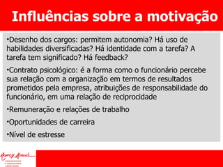 Influências sobre a motivação Desenho dos cargos: permitem autonomia? Há uso de habilidades diversificadas? Há identidade com a tarefa? A tarefa tem significado? Há feedback? Contrato psicológico: é a forma como o funcionário percebe sua relação com a organização em termos de resultados prometidos pela empresa, atribuições de responsabilidade do funcionário, em uma relação de reciprocidade Remuneração e relações de trabalho Oportunidades de carreira Nível de estresse 