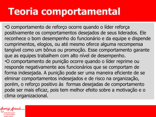Teoria comportamental O comportamento de reforço ocorre quando o líder reforça positivamente os comportamentos desejados de seus liderados. Ele reconhece o bom desempenho do funcionário e da equipe e dispende cumprimentos, elogios, ou até mesmo oferce alguma recompensa tangível como um bônus ou promoção. Esse comportamento garante que as equipes trabalhem com alto nível de desempenho. O comportamento de punição ocorre quando o líder reprime ou responde negativamente aos funcionários que se comportam de forma indesejada. A punição pode ser uma maneira eficiente de se elminar comportamentos indesejados e de risco na organização, porém, o reforço positivo às  formas desejadas de comportamento pode ser mais eficaz, pois tem melhor efeito sobre a motivação e o clima organizacional. 