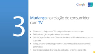 Mudança na relação do consumidor
com TV:
•  Oconsumidor, hoje, assisteTVenaveganaInternetaomesmotempo
•  DivisãodaAtençãocompelomenosmaisumatela
•  GrandeDispersãoduranteosComerciaisàmomentodemaiorinteratividadecom
outrastelas
•  TVRegularcomo“EventoProgramado” eCrescimentodabuscapelaexperiência
personalizada
•  GrandeOportunidadedeSinergiadosconteúdos - entreTVeoutrasTelas
3
 