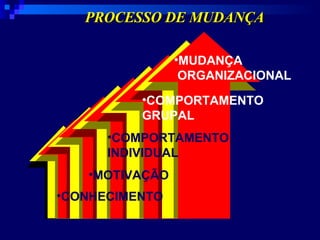 MUDANÇA ORGANIZACIONAL COMPORTAMENTO GRUPAL COMPORTAMENTO INDIVIDUAL MOTIVAÇÃO CONHECIMENTO PROCESSO DE MUDANÇA 