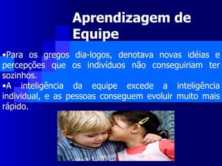 Aprendizagem de Equipe Para os gregos dia-logos, denotava novas idéias e percepções que os indivíduos não conseguiriam ter sozinhos.  A inteligência da equipe excede a inteligência individual, e as pessoas conseguem evoluir muito mais rápido.  