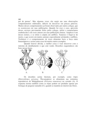 102
par de pernas". Mas algumas vezes vão surgir nas suas observações
comportamentos elaborados, difíceis de descrever em poucas palavras.
Muitos desses comportamentos já foram observados por outros colegas, que
os nominoram em suas publicações. Quando for esse o caso, aproveite
desses serviços previamente feitos pelos colegas, utilize a nomenclatura
estabelecida e cite esses autores em suas publicações futuras. Amplexo é um
desses termos, e se refere à cópula em anfíbios. Tanatose é fingir-se de
morto, o que ocorre em muitos animais especialmente artrópodes e anfíbios.
Trofalaxis é o comportamento de troca alimentar boca a boca entre
himenópteros e assim como esses há muitos outros exemplos.
       Quando houver dúvida, a melhor coisa é você descrever com o
máximo de detalhamento o que está vendo. Desenhos esquemáticos são
bons nessas horas.




         A                    B                       C

       Os desenhos acima ilustram, por exemplo, como tripes
(Heterothripes peixotoa; Thysanoptera) se alimentam nas estruturas
reprodutivas de Malpighiaceae (Peixotoa tomentosa) no cerrado (A). O
esquema mostra também como os tripes podem ser predados apenas por
formigas de pequeno tamanho (C), quando se mantém no interior das flores.
 