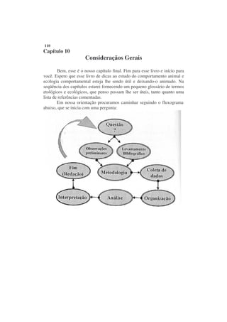 110
Capítulo 10
                      Consideraçãos Gerais

        Bem, esse é o nosso capítulo final. Fim para esse livro e início para
você. Espero que esse livro de dicas ao estudo do comportamento animal e
ecologia comportamental esteja lhe sendo útil e deixando-o animado. Na
seqüência dos capítulos estarei fornecendo um pequeno glossário de termos
etológicos e ecológicos, que penso possam lhe ser úteis, tanto quanto uma
lista de referências comentadas.
        Em nossa orientação procuramos caminhar seguindo o fluxograma
abaixo, que se inicia com uma pergunta:
 